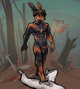 anthro arrow_(weapon) balls biped cock_and_ball_torture duo erection fingers foreskin genital_torture genitals hair humanoid_genitalia humanoid_penis inner_ear_fluff male male/male melee_weapon penis plant ranged_weapon sword tree tuft weapon jam_(artist) hare lagomorph leporid mammal