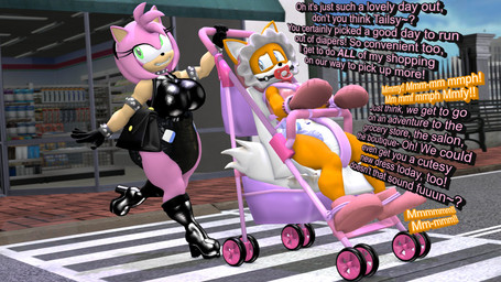 ageplay anthro arm_cuffs bdsm big_breasts black_boots black_clothing black_dress black_footwear black_gloves black_handwear blue_eyes bondage boots bound bracelet breasts clothed clothing crossdressing dialogue diaper diaper_fetish dress duo eyelashes female footwear forced gag gloves green_eyes handwear humiliation jewelry male male/female mittens muffled muffled_speech object_in_mouth orange_body pacifier pacifier_gag pacifier_in_mouth pink_body public public_humiliation purse restrained roleplay shoes spiked_bracelet spiked_necklace spikes stroller text wearing_diaper bootypatootie sega sonic_the_hedgehog_(series) amy_rose miles_prower canid canine eulipotyphlan fox hedgehog mammal 16:9 3d_(artwork) absurd_res digital_media_(artwork) english_text hi_res widescreen