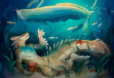 amazing_background ambiguous_gender anthro brown_body claws detailed_background featureless_crotch feet feral fin fish_tail group light light_beam long_tail looking_up lying markings membrane_(anatomy) on_side open_mouth outside raised_arm scales seaweed striped_markings stripes sunbeam sunlight tail teeth text toes underwater water webbed_feet webbed_hands yellow_eyes sapphiringore aquatic arowana arthropod asterozoan crab crustacean decapod echinoderm fish malacostracan starfish 2026 absurd_res artist_name detailed digital_media_(artwork) digital_painting_(artwork) hi_res painting_(artwork) shaded
