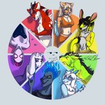 anthro blue_body breasts clothed clothing female feral fur green_body group hair male orange_body pink_body red_body simple_background smile tail yellow_body aleks_pakaralex marvel spider-man_(series) canid canine canis human mammal digital_media_(artwork) hi_res