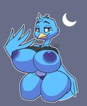 anthro areola beak big_breasts blue_areola blue_eyes blue_nipples bra breasts clothing crescent_moon female huge_breasts huge_thighs looking_at_viewer moon nipples non-mammal_breasts non-mammal_nipples smile solo thick_thighs thong underwear hollydaysheep twitter tweetfur avian bird hi_res meme watermark