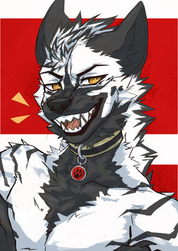 anthro arm_tuft black_body black_ears black_eyebrows black_fur black_neck black_nose black_snout chest_tuft collar collar_only eyebrows fur head_tuft inner_ear_fluff male mane multicolored_face multicolored_neck neck_tuft nude open_mouth open_smile paw_(marking) pink_tongue pupils shoulder_tuft smile smiling_at_viewer snout solo teeth_showing tongue tuft whiskers white_body white_face white_fur yellow_pupils lumiap2l laszlo_(stripeyyena) hyena mammal striped_hyena bust_portrait hi_res portrait