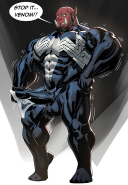 abs anthro bald balls biceps big_muscles big_pecs big_penis black_body bodily_fluids bodysuit clothing comic_style cum cum_in_clothing cum_in_pants cum_through_clothing cum_through_pants cumshot ejaculation erection genital_fluids genitals green_eyes male muscular muscular_anthro muscular_male not_furry pecs penis pointy_ears red_body scruffy simple_background skinsuit solo superhero superhero_costume text thick_thighs tight_clothing tusks wet wet_clothing cxcxxcxxxx marvel venom_(marvel) humanoid orc symbiote digital_media_(artwork) english_text hi_res