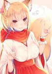 asian_clothing blonde_hair blush breasts clothing east_asian_clothing female fox_shadow_puppet gesture hair hand_gesture inner_ear_fluff looking_at_viewer scarf simple_background smile solo tuft chita_(ketchup) animal_humanoid canid canid_humanoid canine canine_humanoid fox_humanoid humanoid mammal mammal_humanoid 2017 hi_res