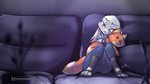 anthro clothed clothing cuddling ears_down female fully_clothed fur furniture grey_body grey_fur holding_object pivoted_ears plushie sitting smile sofa solo text kiaun disney zootopia judy_hopps lagomorph leporid mammal rabbit 16:9 2020 digital_media_(artwork) hi_res shaded url widescreen