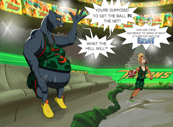 5_fingers anthro athletic athletic_anthro athletic_female ball belly big_belly big_breasts black_body black_fur black_nose blonde_hair bottomwear breasts brown_body brown_fur clothed clothed_anthro clothed_female clothed_male clothing dialogue duo female fetal_movement fingers footwear fur hair humanoid_hands interspecies interspecies_pregnancy jersey larger_female male male/female markings navel nipple_outline outie_navel pregnant pregnant_anthro pregnant_female shirt shoes shorts sitting size_difference smaller_male speech_bubble spots spotted_body spotted_fur stadium text topwear bludingo goat_(movie) sony_corporation sony_pictures jett_fillmore will_harris bovid caprine felid goat mammal pantherine absurd_res english_text hi_res
