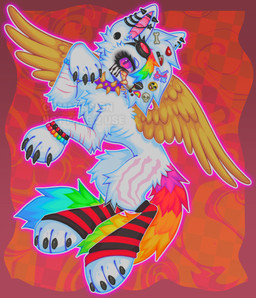 alternative_fashion ambiguous_gender beaded_jewelry beads blood bodily_fluids checkered checkered_background clothing feral fur jewelry kandi_(jewelry) leg_warmers legwear multicolored_body multicolored_fur multicolored_tail nosebleed pattern_background rainbow_body rainbow_fur rainbow_tail scene_(fashion) simple_background solo sparklefur tail white_body white_fur wings yellow_wings m1ss1ngtexture canid canine canis domestic_dog mammal 2025 full-length_portrait hi_res portrait
