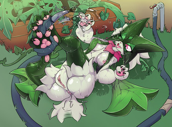 anthro anus clitoral_hood clitoris female fur garden_hose genitals grass green_body green_fur lying nipple_outline nipples on_back one_eye_closed open_mouth outside pawpads pink_nipples pink_nose pink_pawpads plant short_tail solo tail tail_motion tailwag water wet remzi-k-o nintendo pokemon generation_9_pokemon meowscarada pokemon_(species) hi_res