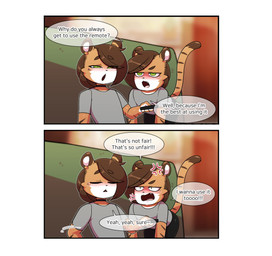 anthro blush brown_eyebrows brown_hair clothed clothing duo eyebrows fingers fur green_eyes grey_clothing grey_shirt grey_topwear hair inside markings open_mouth orange_body orange_ears orange_fur pink_tongue shirt striped_markings striped_tail stripes tail tail_markings teeth text tongue topwear white_body young young_anthro wherewolf felid mammal pantherine tiger comic english_text hi_res brother_(lore) brothers_(lore) sibling_(lore)