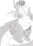 anthro belly big_belly big_tail breath chain collar female fur grey_body hair huge_tail leg_tuft neck_tuft overweight overweight_anthro overweight_female smile solo spiked_collar spikes standing tail tuft white_body thorn_paw mythology rexy_(thorn_paw) dragon furred_dragon furred_scalie mythological_creature mythological_scalie scalie 2020 digital_media_(artwork) greyscale hi_res monochrome