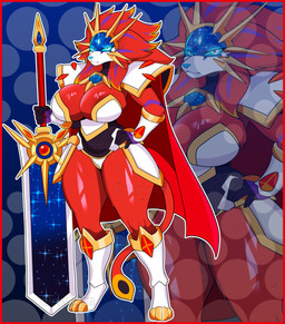 anthro armor armwear boots border breasts clothing elbow_gloves fantasy female fighting_pose footwear gem gloves glowing glowing_eyes gold_(metal) gold_armor handwear large_sword melee_weapon polearm pose red_border red_gem shoes solo space spear sword tail thong underwear warrior weapon revkoen nintendo pokemon generation_7_pokemon legendary_pokemon pokemon_(species) shiny_pokemon solgaleo absurd_res digital_media_(artwork) hi_res