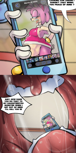 5_fingers after_vore anthro balls biped bodily_fluids clothed clothing cum dialogue digestion eyelashes female female_anthro fingers genital_fluids genitals holding_object humanoid_genitalia humanoid_penis open_mouth penis reverse_mouth_shot speech_bubble teeth text vore eviltqf idw_publishing sega sonic_the_hedgehog_(comics) sonic_the_hedgehog_(idw) sonic_the_hedgehog_(series) amy_rose rouge_the_bat surge_the_tenrec whisper_the_wolf bat eulipotyphlan hedgehog mammal 2026 absurd_res digital_media_(artwork) english_text hi_res