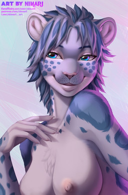 5_fingers anthro areola blue_body blue_eyes blue_fur blue_hair blue_spots breasts chest_tuft claws countershade_face countershade_fur countershade_torso countershading female female_anthro fingerpads fingers fur grey_body grey_fur grey_hair hair hand_to_chest inner_ear_fluff leopard_spots looking_at_viewer markings nipples nude nude_anthro nude_female open_mouth open_smile pawpads smile solo spots spotted_body teeth tuft whiskers white_body white_claws white_fur nimari microsoft the_elder_scrolls m'ria_(maks_hunt) felid khajiit mammal pantherine snow_leopard 2026 bust_portrait digital_drawing_(artwork) digital_media_(artwork) hi_res portrait signature