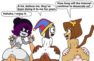 anthro anus balls beanie bodily_fluids butt butt_grab clothing cowgirl_position erection eyewear eyewear_on_head eyewear_only female fool's_hat from_front_position genital_fluids genitals goggles goggles_on_head group group_sex hand_holding hand_on_butt hat hat_only headgear headgear_only headwear headwear_only jester looking_at_another machine male male/female mostly_nude mostly_nude_female mostly_nude_male nude nude_male on_bottom on_top parallel_sex penetration penis questionable_consent rear_view sex simple_background speech_bubble talking_to_another text vaginal vaginal_fluids vaginal_penetration vulva wet wet_penis white_background makrap gameoverse glitch_productions murder_drones the_amazing_digital_circus kit_bodega pomni_(tadc) uzi_(murder_drones) domestic_cat felid feline felis human humanoid mammal robot robot_humanoid worker_drone 2026 crossover english_text flat_colors hi_res portrait three-quarter_portrait