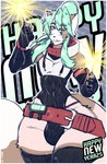 anthro belt bulge clothing collar crop_top_hoodie femboy fur green_hair hair leotard looking_at_viewer one_eye_closed pink_body pink_fur solo sparklers wide_hips wink winking_at_viewer anuki new_year_2025 gozer_mocha ailurid mammal red_panda hi_res