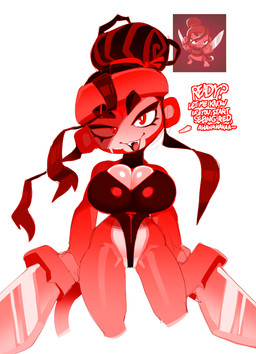 anthro big_ears breasts cleavage clothed clothing countershading eyebrows eyelashes fangs female fur hair hair_bun long_eyelashes long_tail open_mouth open_smile pink_body pink_countershading pink_inner_ear pink_skin pink_tongue pupils red_body red_ears red_eyes red_fur red_tail simple_background smile solo tail teeth teeth_showing thick_eyebrows thick_eyelashes tongue white_background white_pupils goatboydraws bloons_tower_defense ninja_kiwi sauda_(bloons) haplorhine mammal monkey primate hi_res reference_image