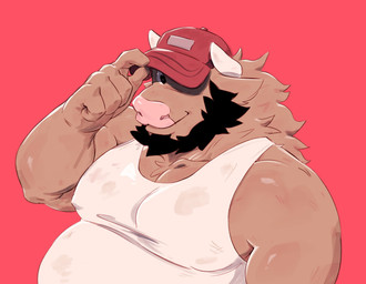 anthro beard belly black_beard black_facial_hair brown_body brown_fur clothing facial_hair fur hat headgear headwear horn looking_at_viewer male overweight overweight_anthro overweight_male red_background red_clothing red_hat red_headwear shirt simple_background solo tank_top tipping_hat topwear white_clothing white_shirt white_tank_top white_topwear juicestandmango mango_(juicestandmango) bovid bovine cattle mammal hi_res portrait