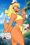 5_fingers accessory anthro beach bikini blonde_hair blue_sky blush bow_ribbon breasts cleavage clothed clothing curvy_anthro curvy_female curvy_figure day derp_eyes eyelashes female fingers grey_eyes hair hair_accessory hair_bow hair_ribbon long_hair long_tail looking_at_viewer navel open_mouth open_smile orange_body orange_scales outside ribbons scales sky smile snout solo swimwear tail thick_thighs two-piece_swimsuit wide_hipped_anthro wide_hipped_female wide_hips yellow_bikini yellow_clothing yellow_swimwear ather_os third-party_edit cavemanon_studios snoot_game heather_(snoot_game) acrocanthosaurus carcharodontosaurid dinosaur prehistoric_species reptile scalie theropod 2025 absurd_res digital_drawing_(artwork) digital_media_(artwork) hi_res