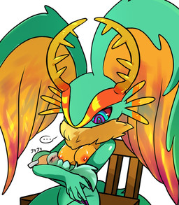 anthro antlers blush blush_lines bodily_fluids breastfeeding breasts chair chest_tuft colored_nails countershading cradling duo ellipsis female fingernails fur furniture head_wings holding_another horn huge_wings male male/female mouthless multicolored_body multicolored_eyes multicolored_fur nails neck_tuft neonate nipples pink_eyes pupils purple_eyes purple_fingernails purple_nails purple_pupils red_nipples red_sclera simple_background sitting size_difference speech_bubble teal_body teal_eyes teal_fur tears text tuft unusual_wing_placement white_background wings yellow_body yellow_breasts yellow_fur young haiiroinunezumi kirby_(series) kirby_and_the_forgotten_land nintendo elfilin fecto_elfilis alien chinchilla chinchillid mammal rodent starling_(kirby) 2022 digital_drawing_(artwork) digital_media_(artwork) hi_res japanese_text