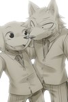 2020 anthro beastars bird_dog bodily_fluids bottomwear canid canine canis clothed clothing cute_fangs digital_media_(artwork) domestic_dog dress_shirt duo fully_clothed hunting_dog jack_(beastars) ko-gami labrador legoshi_(beastars) looking_at_another male mammal necktie open_mouth open_smile pants retriever school_uniform shirt simple_background smile smiling_at_another sweat topwear uniform white_background wolf