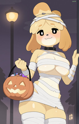 anthro big_breasts biped black_nose blush breasts candy closed_smile clothed clothing dessert detailed_background female fingers food fur lamp mouth_closed navel plant skimpy smile solo standing tree wraps_only yellow_body yellow_fur healerart animal_crossing nintendo isabelle_(animal_crossing) canid canine canis domestic_dog mammal shih_tzu toy_dog hi_res
