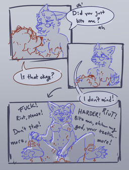 ahegao anthro begging bite bite_mark breast_grab breasts clitoral clitoral_masturbation dialogue duo eyewear female genitals glasses hand_on_breast leg_grab licking looking_pleasured male male/female masturbation nude penetration text tongue tongue_out badger canid canine canis coyote mammal mustelid musteline comic english_text hi_res
