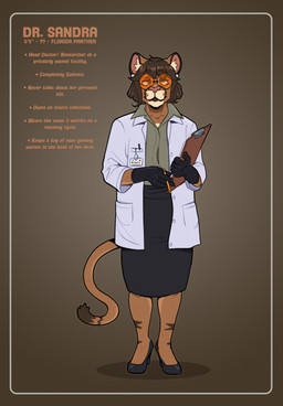 anthro black_bottomwear black_clothing black_footwear black_gloves black_handwear black_high_heels black_skirt bottomwear brown_body brown_fur brown_hair clipboard clothed clothed_anthro clothed_female clothing coat eyewear female footwear fur glasses gloves hair handwear high_heels lab_coat looking_at_viewer multicolored_body multicolored_fur shirt shoes skirt solo tail tan_body tan_fur text topwear two_tone_body two_tone_fur wearing_glasses bigtiddyfox dr._peregrine_sandra cougar felid feline mammal north_american_cougar 2026 english_text hi_res model_sheet