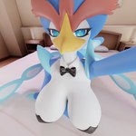 anthro bedroom big_breasts bow_tie breasts female lying on_front selfie solo glubdub nintendo pokemon avian generation_9_pokemon pokemon_(species) quaquaval 1:1 3d_(artwork) digital_media_(artwork) hi_res