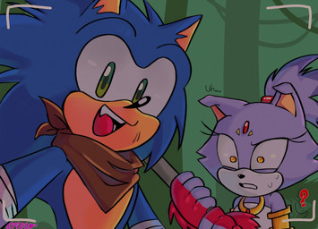 anthro camera_view clothed clothing duo fangs female gloves green_eyes handwear male male/female scarf simple_background smile surprised teeth text yellow_eyes spidercheetos sega sonic_boom sonic_the_hedgehog_(series) blaze_the_cat sonic_the_hedgehog domestic_cat eulipotyphlan felid feline felis hedgehog mammal hi_res