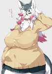 alternative_fashion anthro big_breasts black_body black_fur black_nose blue_eyes bottomwear breasts cigarette clothing curvy_figure female fluffy front_view fur gyaru hair hair_over_eye huge_breasts inner_ear_fluff j-fashion kemono kogal long_hair looking_at_viewer multicolored_body multicolored_fur one_eye_obstructed pink_body pink_fur simple_background skirt solo standing sweater teeth text topwear tuft voluptuous white_body white_fur wide_hips kishibe husky_(kishibe) canid canine canis domestic_dog husky mammal nordic_sled_dog spitz 2017 digital_media_(artwork) japanese_text portrait three-quarter_portrait translated