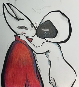 anthro awkwardalex blush cloak clothing duo female female/female heart_symbol holding_cheek kissing kissing_cheek red_cloak red_clothing silk white_body alexistoawkward hollow_knight:_silksong hollow_knight_(franchise) team_cherry hornet_(hollow_knight) lace_(hollow_knight:_silksong) arachnid arthropod humanoid insect spider colored_pencil_(artwork) line_art traditional_media_(artwork)