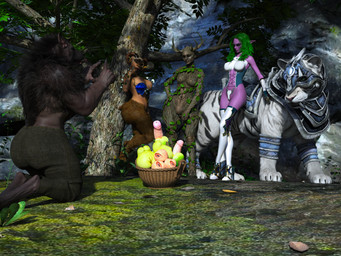 areola armor basket big_breasts big_butt biped boots breasts butt cleavage clothed clothing colored_skin container curvy_figure dark_body dark_skin day featureless_breasts female feral food footwear forest fur genitals gesture gloves grass green_body green_eyes green_hair green_skin group hair handwear high_heeled_boots high_heels hooves horn kneeling legwear long_hair male mount nature nude outside plant pointy_ears purple_body purple_skin scenery shoes smile suggestive suggestive_gesture thick_thighs thigh_boots thigh_highs tree wide_hips chadotexas mythology canid canine elemental_creature elf felid flora_fauna humanoid mammal mythological_canine mythological_creature pantherine satyr tiger werecanid werecanine werecreature werewolf 3d_(artwork) 4:3 absurd_res digital_media_(artwork) hi_res shaded soft_shading