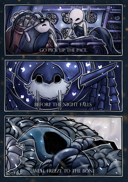 3_panel_comic ambiguous_gender anthro arthropod_abdomen biped black_arms corpse dialogue eyes_closed eyewear female feral fingers glasses group hood inside looking_at_another lying male on_back outside shield text white_text netmors hollow_knight_(franchise) team_cherry cornifer_(hollow_knight) iselda_(hollow_knight) the_last_stag_(hollow_knight) tiso_(hollow_knight) arthropod 2019 absurd_res comic english_text hi_res
