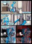 absurd_res anthro bathing bathroom bathtub blue_body blue_eyes blue_fur blue_hair blue_text_box carbon_(zombieray10) chelsea_(zombieray10) circumcised comic corpse_paint cracked_wall damaged_wall domestic_cat duo ear_piercing english_text felid feline felis female first_page flaccid fur genitals hair hi_res incest_(lore) makeup male mammal mirror muscular muscular_male narration onomatopoeia penis piercing profanity purple_penis shower showering sigh silver_hair sink sound_effects species_in_narration steam text text_box tile tile_wall towel trash_can url wall_(structure) water zombieray10