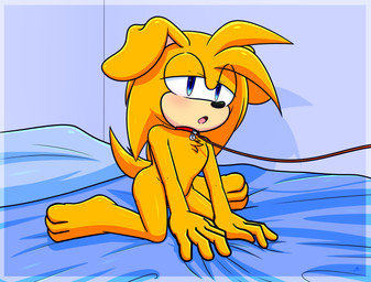 anthro bangs bed blue_eyes blushing_at_viewer chest_fur collar fur furniture hair leash leashed_collar male male_anthro nude short_hair simple_background small_tail solo tail thick_thighs yellow_body yellow_fur xxkenthewolfxx sega sonic_the_hedgehog_(series) fan_character canid canine canis domestic_dog mammal absurd_res hi_res