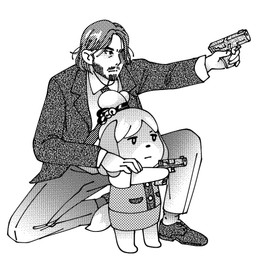 ambiguous_gender anthro barefoot bell biped bottomwear clothed clothed_anthro clothed_human clothed_male clothing duo facial_hair feet footwear fully_clothed fully_clothed_human fully_clothed_male gun hand_on_shoulder handgun jingle_bell male pistol ranged_weapon shoes size_difference skirt tail weapon janemai animal_crossing john_wick nintendo isabelle_(animal_crossing) john_wick_(character) canid canine canis domestic_dog human mammal shih_tzu toy_dog 2018 black_and_white digital_drawing_(artwork) digital_media_(artwork) english_description hi_res monochrome female_(lore)