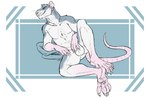 anthro arm_support balls blue_eyes buckteeth claws eyebrows feet fur genitals grey_body grey_eyebrows grey_fur hand_on_crotch leaning leaning_on_elbow looking_aside male nude on_elbow pillow pink_feet pink_hands pink_tail plantigrade reclining sitting smile solo tail teeth whiskers white_body white_claws white_fur patrikthedog bikkem_(bikkem) mammal murid murine rat rodent