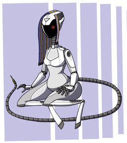 anthro belly black_face cybernetics drone female grey_body hair hand_on_hip kneeling looking_at_viewer machine metal metallic_body multicolored_hair not_furry number number_on_body rainbow_hair red_eyes robotic_arm sata_cable screen screen_face simple_background solo tail white_body wire run_rabbit_bounce cyborg robot hi_res shaded simple_shading