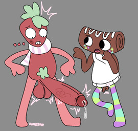 balls big_penis bodily_fluids clothing duo expansion food freckled_face freckles fruit genital_expansion genital_fluids genitals green_hair hair hoodie huge_penis hyper hyper_genitalia hyper_penis looking_at_genitalia looking_at_penis male micropenis motion_lines not_furry penis penis_expansion plant precum pubes raphe_(anatomy) saggy_balls scarf small_balls small_penis strawberry toony topwear vein veiny_penis worried justkittyful blushcrunch_studio dandy's_world roblox cosmo_(dandy's_world) sprout_(dandy's_world) animate_inanimate food_creature toon_(dandy's_world) hi_res
