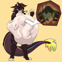 after_vore ambiguous_gender anthro anthro_pred anthro_prey belly big_belly black_arms black_body black_hair black_legs blue_eyes dipstick_tail duo green_arms green_body hair inside_stomach internal markings one_eye_closed rainbow_stripes simple_background stripes tail tail_markings tan_background text vore white_belly yellow_tail_tip le_darko species_request 1:1 2026 english_text hi_res