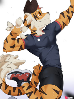 anthro athletic athletic_male bottomwear clothing footwear fur hair male multicolored_body multicolored_fur orange_body orange_eyes orange_fur shirt shoes shorts simple_background smile sneakers solo striped_body striped_fur stripes topwear two_tone_body two_tone_fur white_background lumii i_think_i_like_you red_(i_think_i_like_you) felid mammal pantherine tiger 3:4 absurd_res hi_res