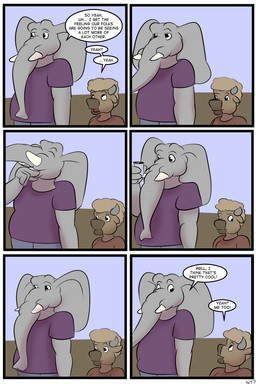 adolescent adolescent_male anthro beverage_can blonde_hair brown_body brown_fur clothed clothed_anthro clothed_male clothing dialogue duo fur grey_body grey_skin hair horn male open_mouth proboscis_(anatomy) text trunk_(anatomy) tusks young thunderouserections study_partners ragdoll_(study_partners) will_(study_partners) bison bovid bovine elephant elephantid mammal proboscidean 2:3 comic english_text hi_res