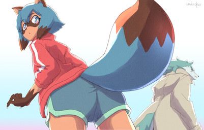 5_fingers anthro black_body black_fur black_hair blue_body blue_eyes blue_fur blue_hair brown_body brown_fur butt butt_pose clothed clothing duo female fingers fluffy fluffy_tail fur hair jacket low-angle_view male multicolored_body multicolored_fur multicolored_hair pose tail topwear white_body umiroku brand_new_animal studio_trigger michiru_kagemori shirou_ogami canid canine canis mammal raccoon_dog tanuki wolf 2020