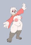 anthro areola big_breasts bottomless breasts clothed clothing eyewear female genitals glasses nipples nude partially_clothed pussy simple_background slightly_chubby slightly_chubby_female solo standing sweater thick_thighs topwear fembunns avian bird 2024 hi_res