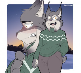 anthro black_claws black_ear_tips blush bodily_fluids bottomwear cheek_tuft claws clothing dipstick_ears ear_markings facial_tuft fur green_clothing green_sweater green_topwear grey_body grey_bottomwear grey_clothing grey_fur grey_pants hand_in_pocket male multicolored_ears open_mouth pants pink_nose pockets smile snow solo sweater tears teeth topwear tuft white_body white_fur white_inner_ear yellow_eyes footfoxxy disney zootopia pawbert_lynxley canada_lynx felid feline lynx mammal hi_res