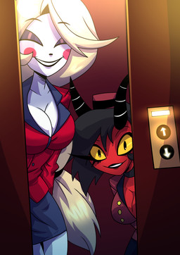 clothing duo elevator female hotel looking_at_viewer smile uniform kato777 hazbin_hotel hellaverse helluva_boss charlie_morningstar millie_(helluva_boss) demon imp absurd_res hi_res