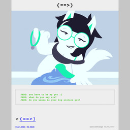 animal_genitalia animal_penis anthro bdsm black_hair bodily_fluids bra_strap breasts buckteeth canine_genitalia canine_penis clothed clothed_female clothing collar collar_tag comic_panel crop_top cum cum_drip dialogue dripping duo eyewear female first_person_view genital_fluids genitals glasses gynomorph hair intersex intersex/female lipstick long_hair looking_at_viewer makeup onesie pajamas penis petplay puppyplay roleplay shirt short_hair tail teeth text topwear white_body ashleyorange homestuck ms_paint_adventures jade_harley june_egbert canid canine human humanoid hybrid mammal 1:1 animated animated_comic comic english_text hi_res incest_(lore) sibling_(lore) sister_(lore) sisters_(lore) trans_(lore) trans_woman_(lore)
