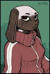 anthro black_border border breasts brown_body brown_fur clothed clothing female fur looking_at_viewer red_clothing red_tracksuit solo tracksuit brokenmojo beastars kyuu_(beastars) domestic_rabbit lagomorph leporid mammal oryctolagus rabbit 2020