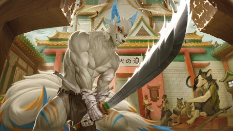 anthro black_nose blue_body blue_ears blue_fur bottomwear cheek_tuft clothing facial_tuft fur group handwear holding_object jewelry katana male markings melee_weapon multi_tail muscular muscular_anthro muscular_male necklace orange_body orange_fur solo_focus sword tail tuft weapon yellow_body yellow_fur refegi asian_mythology east_asian_mythology japanese_mythology mythology vulfe_(hackencraft) domestic_cat felid feline felis fox_spirit mammal 16:9 hi_res widescreen