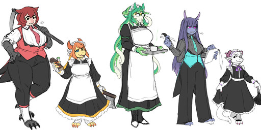 anthro avian_feet axe breasts claws clothing dress eyewear face_tentacles female finger_claws footwear glasses green_body group hair horn maid_uniform melee_weapon necktie polearm purple_body purple_hair scales scythe shirt shoes tentacles toe_claws topwear uniform vest weapon white_body white_scales yellow_body yellow_scales iriedono arthropod avian beetle bird insect kobold mind_flayer owl scalie 2021 hi_res
